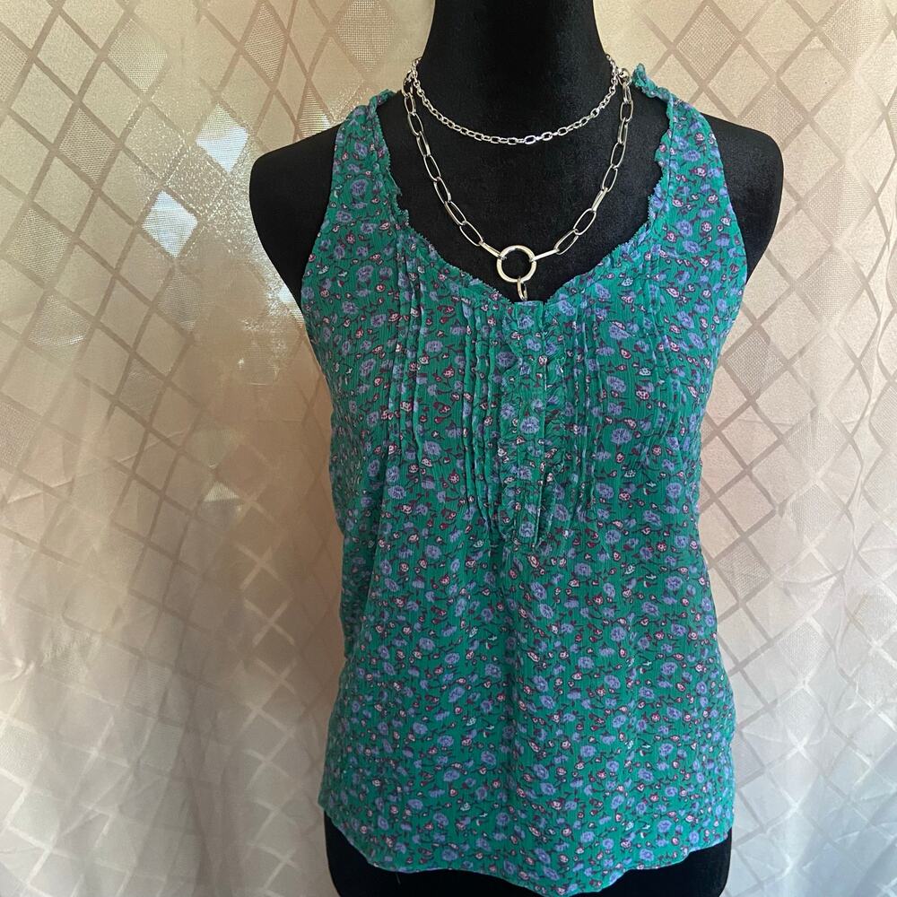 American Eagle Floral Tank Top Size 0 Green Sheer Racerback Blouse + Chain